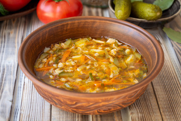 Soup kharcho. Thick beef soup with rice, tomatoes, carrots, peppers and spices. A traditional dish of Georgian cuisine.