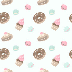 Donuts, cupcake and macarons seamless pattern