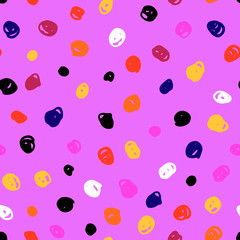 Seamless Scandinavian tangled pattern. Orange, White, Black, Blue, Yellow messy hand-drawn circles on lilac background. Neutral cozy ornament. Vector stock illustration for wallpaper, wrapping paper