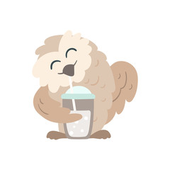 Owl with a cold brew drink