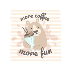 Vector illustration of a bear with coffee on a striped, splash background