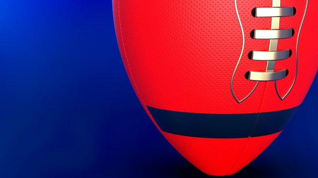 Red-Gold American football standard ball under blue background. 3D illustration. 3D high quality rendering.