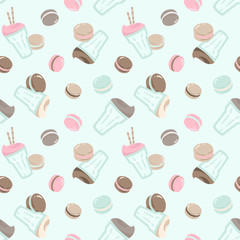 Foam cappuccino cup and macarons seamless pattern