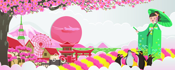 Welcome to japan poster. Sakura scenery in the summer. Buildings and landmarks in Japan. Landscapes of the Japan countryside. Design cards for postcards and tourism. Woman japanese in kimono dress.