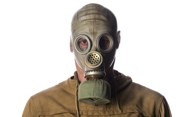 portrait of a Soviet soldier in a gas mask