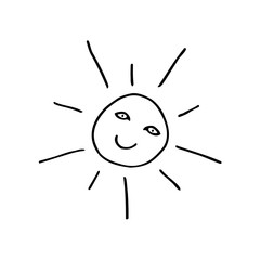 The sun smiles. Hot sun. The lights of a sun. Black lines on a white background. Vector. doodle