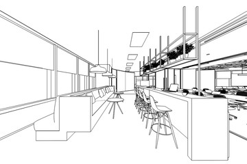 interior outline sketch drawing perspective of a space office