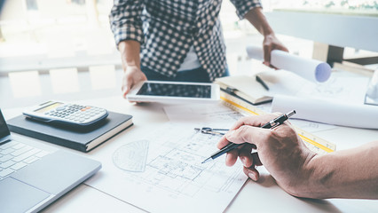 Architect Engineer Design Working on Blueprint Planning Concept. Construction Concept