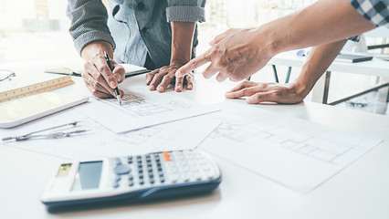 Architect Engineer Design Working on Blueprint Planning Concept. Construction Concept