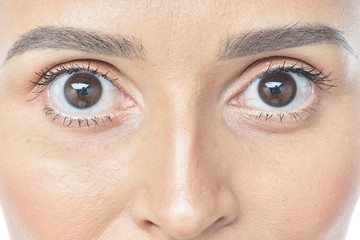 Fototapeta premium Zdrowie i pielęgnacja oczu. Portret dziewczyny twarz z gładką, zdrową skórę i doskonały naturalny makijaż. Zbliżenie piękna kobieta z dużymi brązowymi oczami i brwiami na białym tle. Obraz w wysokiej rozdzielczości