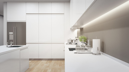 Cabinet of modern kitchen in luxury house. Home interior 3d rendering with white top counter.