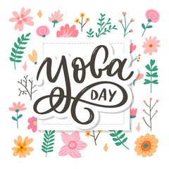 Lettering Yoga. Vector background International Yoga Day. Vector design for poster, T-shirts, bags. Yoga typography. Vector elements for labels, logos, icons, badges.