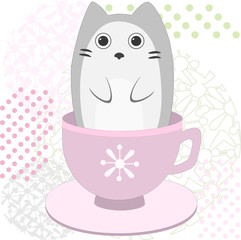 Simple vector cartoon cat in a cup, tender kitten sitting funny in a mug