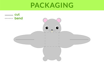 Adorable DIY party favor box for birthdays, baby showers with cute mouse for sweets, candies, small presents, bakery. Printable color scheme. Print, cut out, fold no glue. Vector stock illustration.