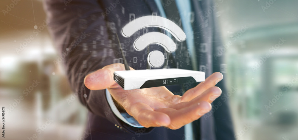 Aufkleber businessman holding a wifi router and data - 3d rendering