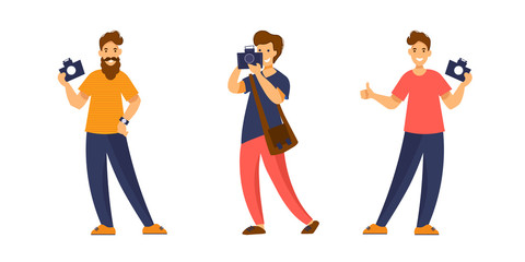 Set of different men photographers with digatal photo camera isolated on white background.