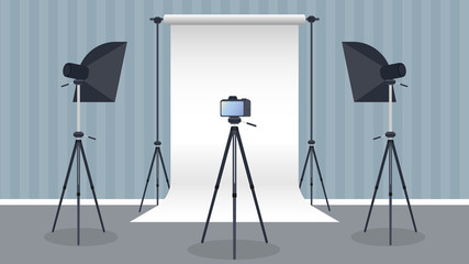 Photo Studio Vector. Blank white canvas background on tripods. Camera on a tripod, softbox. Professional photo studio.