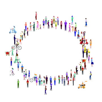 A large group of people standing in a circle. High angle view or top view image. Isolated, white background. Vector illustration.