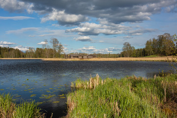 City Araisi, Latvia. Reconstructed wooden castle on the lake. Historic building.