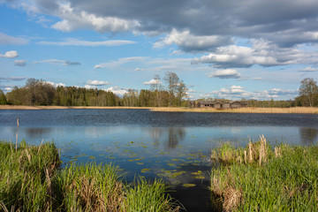 City Araisi, Latvia. Reconstructed wooden castle on the lake. Historic building.