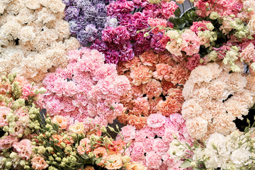 Floral carpet or Wallpaper. Background of mix of flowers. Beautiful flower for catalog or online store. Floral shop and delivery concept. Top view. Copy space