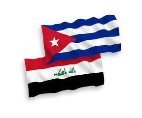 National vector fabric wave flags of Iraq and Cuba isolated on white background. 1 to 2 proportion.
