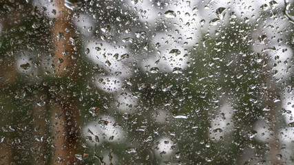 Water drops on car window closeup on rainy spring day. Blurred forest background. selective focus