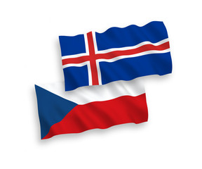 National vector fabric wave flags of Czech Republic and Iceland isolated on white background. 1 to 2 proportion.