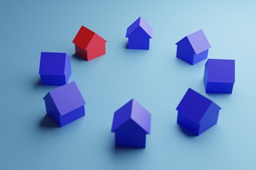 Roofed house among blue roofed houses for real estate property industry. 3D rendering. 3D illustration