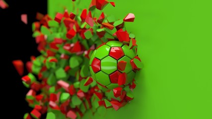 Red-Green Soccer ball breaking with great force through a green wall under black-white background. 3D high quality rendering. 3D illustration.