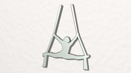 gymnast girl with handing ropes from a perspective on the wall. A thick sculpture made of metallic materials of 3D rendering
