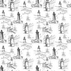 Obraz premium Seamless pattern with lighthouses. Graphic hand-drawn illustration. Print, textile, paper, background. Vintage, retro, doodle, sketch style. Line, contour, silhouette. Sea, ocean, travel, islands.