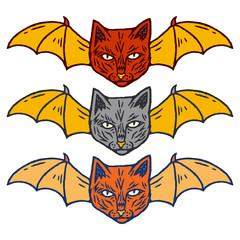 Cat with Bat Wings Set. Occult Cat Set Cartoon Style. Occultism. Esoteric Sign Alchemy. Occult Cat Set on white background isolated. Stock Vector Illustration. Cartoon style. 