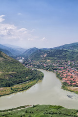View to confluence Aragvi and Mtikvari rivers and town of Mtsheta from Jvari church. Georgia