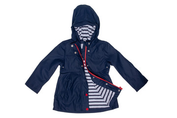 Rain jacket. Close-up of elegant waterproof marine blue zipper windbreaker jacket and hood for girls isolated on a white background. Kids fashion for rain season. © Olga
