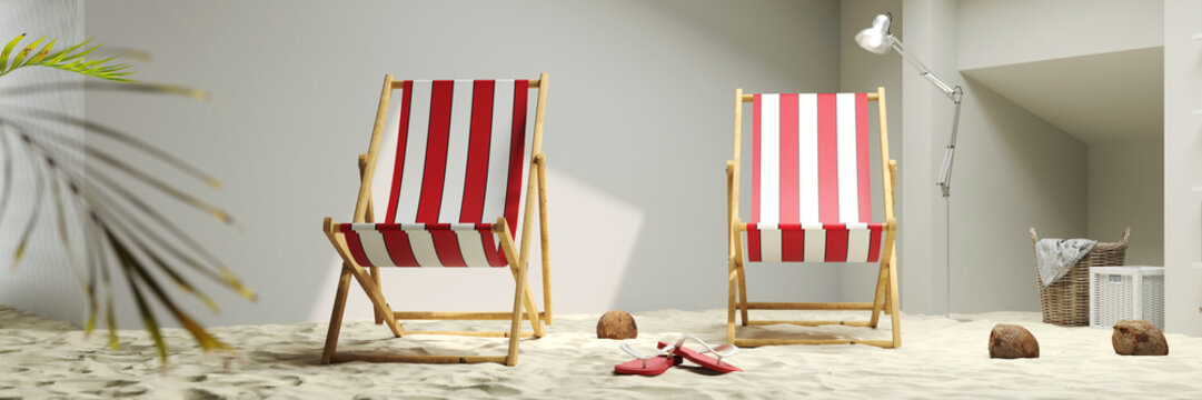 Liegestühle am Strand zu Hause als Coronavirus Lockdown Konzept