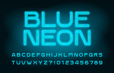 Blue Neon alphabet font. Glowing neon color letters and numbers. Abstract background. Stock vector typeface for your design.