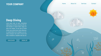 Under water landing page. Vector landing page with coral seaweed sun and clouds.
