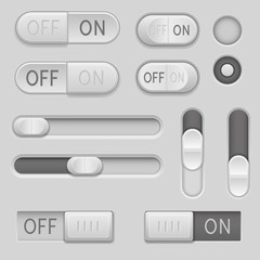 Gray web buttons. Push buttons, toglle switch buttons and sliders
