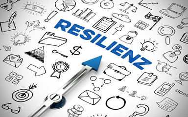 Resilienz als Ziel auf Kompass mit Business Icons