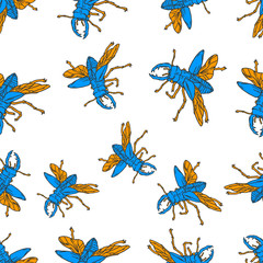 Rhinoceros Beetle Seamless Pattern. Bug Seamless Pattern on white background isolated. Stock Vector Illustration. 