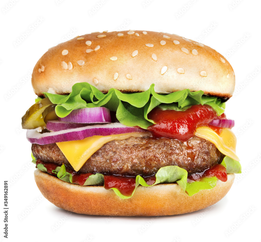 Wall mural fresh hamburger with cheese isolated on white background