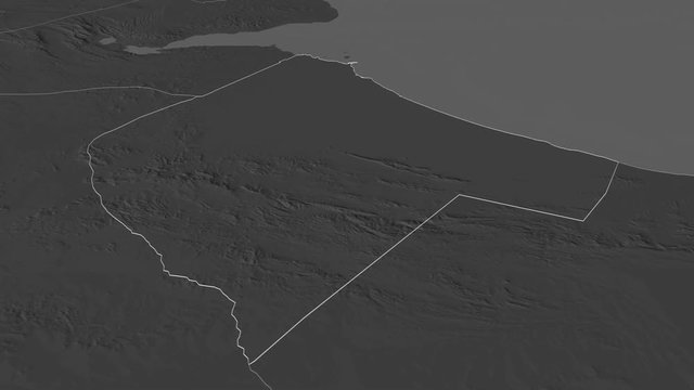 Awdal, region with its capital, zoomed and extruded on the bilevel map of Somalia in the conformal Stereographic projection. Animation 3D
