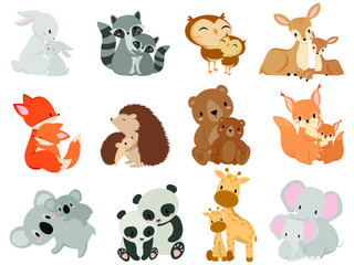 Set of сartoon animals with his baby. Collection of family cute pets child animals. Nice animals for Mother's Day. Mothers love. Vector illustration of moms and kids.