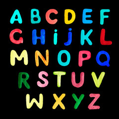 English alphabet hand-drawn colored. Children's illustration. Funny, cartoony, cute. Print, textile, paper, background. Seamless pattern. Letters of different colors.
