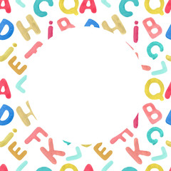 English alphabet hand-drawn colored. Children's illustration. Funny, cartoony, cute. Print, textile, paper, background. Seamless pattern. Letters of different colors.
