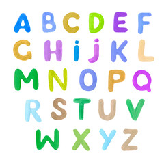 English alphabet hand-drawn colored. Children's illustration. Funny, cartoony, cute. Print, textile, paper, background. Seamless pattern. Letters of different colors.

