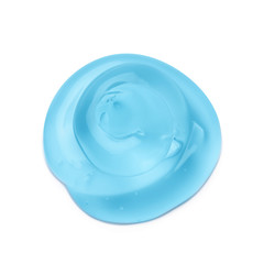 Sample of transparent cosmetic gel on white background, top view