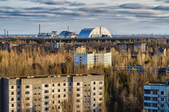 View from roof of 16-storied apartment house in Pripyat town, Chernobyl Nuclear Power Plant Zone of Alienation, Ukraine