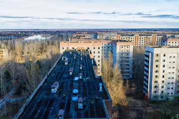 View from roof of 16-storied apartment house in Pripyat town, Chernobyl Nuclear Power Plant Zone of...